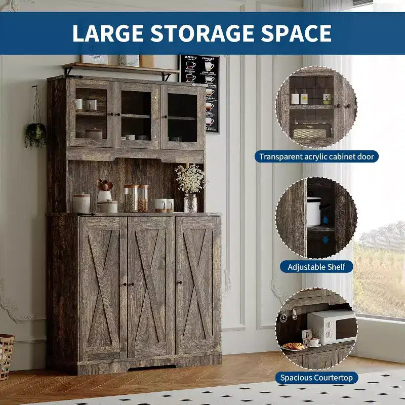 Armoire de cuisine haute de 71 po avec station de recharge, vaisselier de style rustique avec support à micro-ondes et comptoir ouvert pour salon ou salle à manger