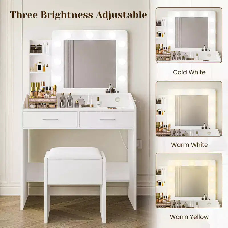 Coiffeuse de Maquillage avec Lumières, Bureau de Maquillage avec Miroir et Lumières, Grand Tiroir et Armoire de Rangement à Deux Étages, 3 Modes d'Éclairage