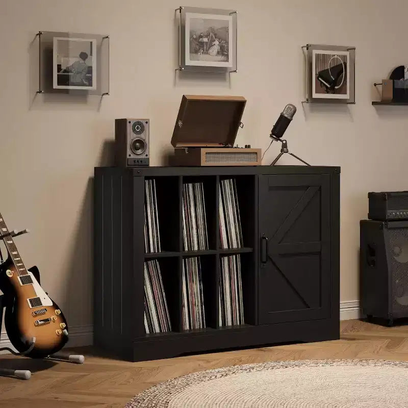 Meuble Tourne-Disque Noir en Bois de Style Ferme avec Porte Coulissante – Rangement de Vinyles pour 750 Albums, Étagères d'Exposition, Meuble TV Idéal pour Salon