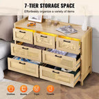 Commode 7 tiroirs en rotin VEVOR, commodes en bois de rotin naturel avec lumière LED, organisateur de vêtements et rangement de poitrine en bois moderne, commode bohème, couleur bois