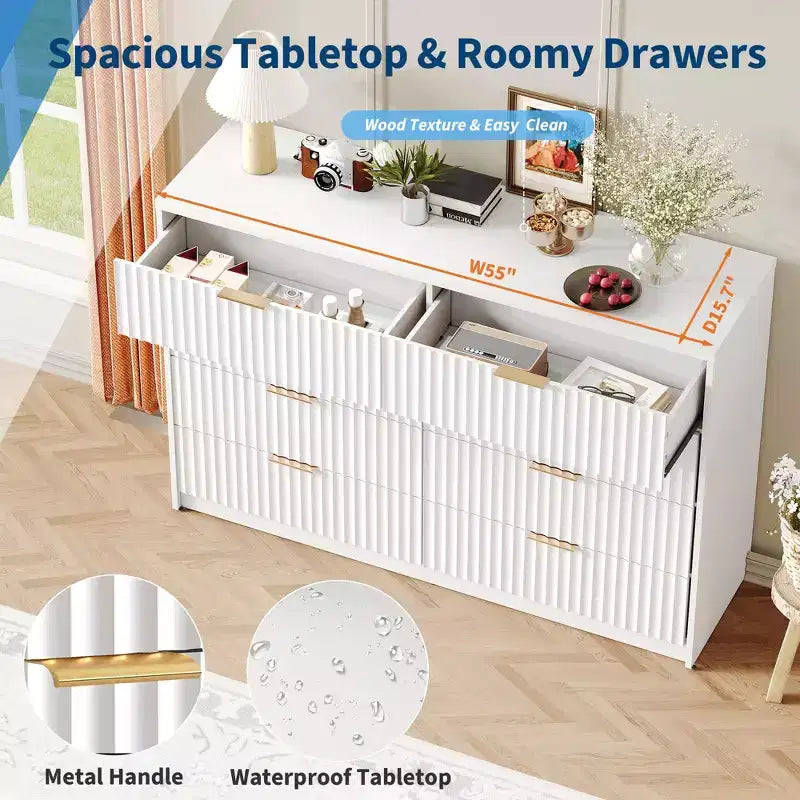 COZONY Commode cannelée à 8/9 tiroirs - Grand meuble de rangement en bois avec poignées métalliques et dispositif anti-basculement pour chambre à coucher, salon, couloir