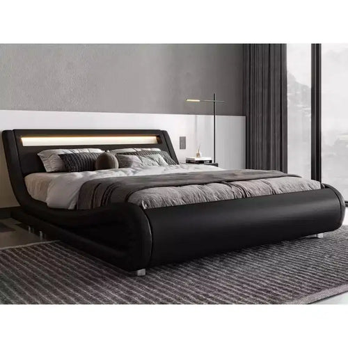 Cadre de lit plateforme Allewie LED avec tête de lit réglable/Pas besoin de sommier/Assemblage facile/Similicuir blanc et noir