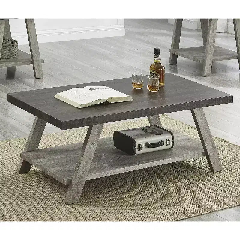 Table basse de salon contemporaine Roundhill Furniture Athens en bois bicolore avec étagère, coloris noyer vieilli et gris