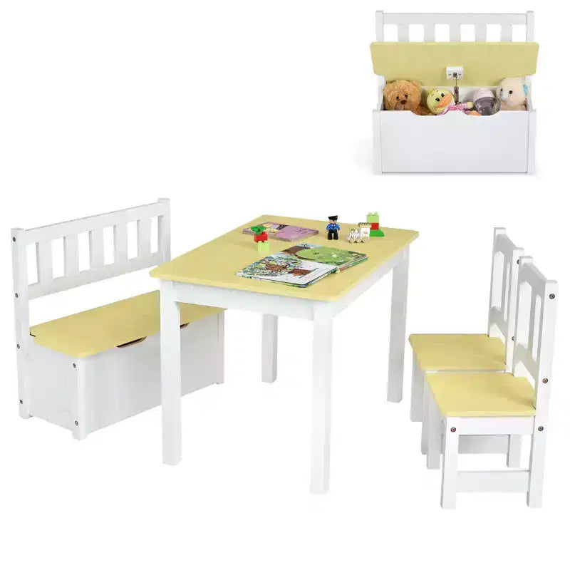 Costway Ensemble de 4 pièces de table et chaises d'activité en bois pour enfants avec banc de rangement, bureau d'étude Naturel/Gris