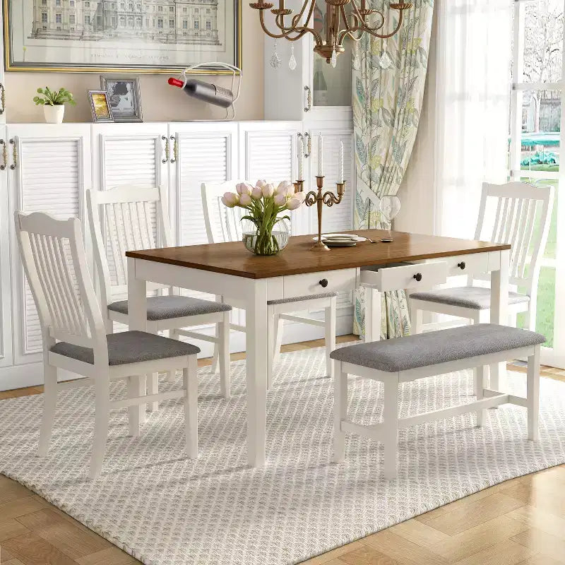 Ensemble de table à manger en bois 6 pièces Whisen Mid-Century avec 4 chaises rembourrées et un banc