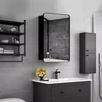 Armoire à pharmacie Basicwise en aluminium pour salle de bain, miroir biseauté, cadre rond, 2 étagères réglables, montage en saillie ou encastré, finition noire