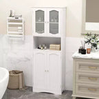 Armoire de salle de bain Costway de 164 cm de haut avec portes en verre trempé, étagères réglables, blanc/noir