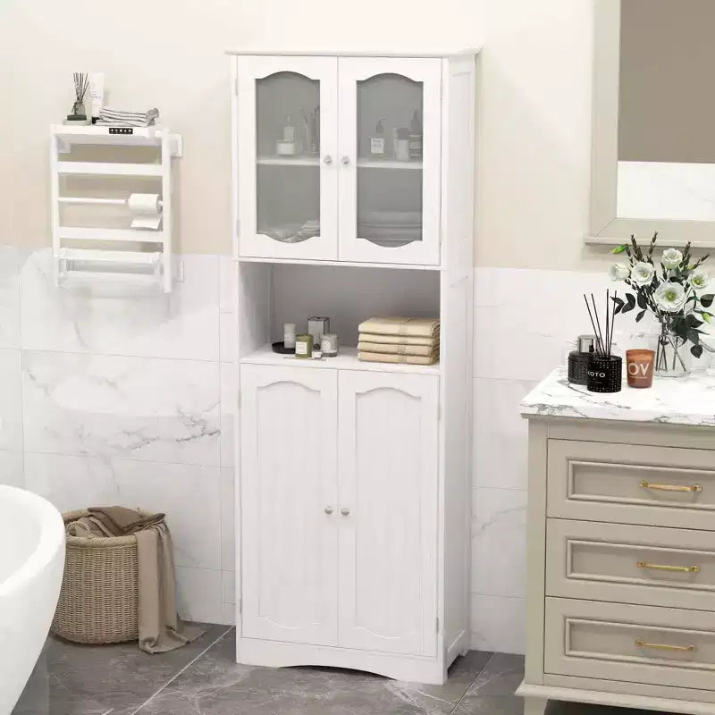 Armoire de salle de bain Costway de 164 cm de haut avec portes en verre trempé, étagères réglables, blanc/noir
