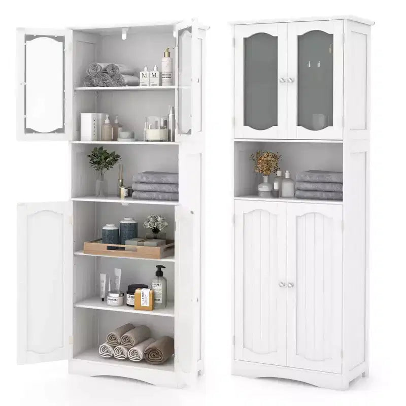 Armoire de salle de bain Costway de 164 cm de haut avec portes en verre trempé, étagères réglables, blanc/noir
