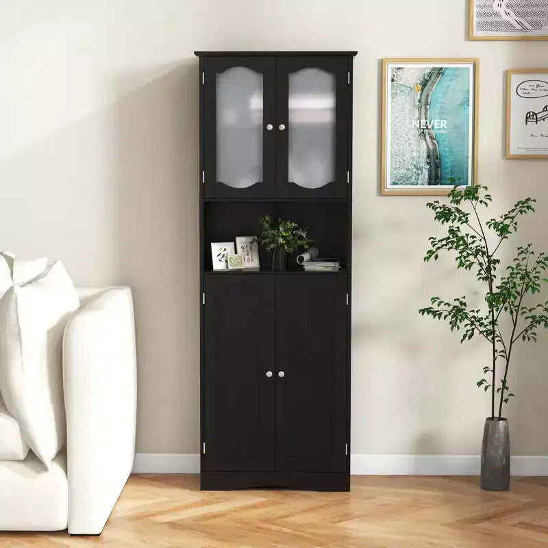 Armoire de salle de bain Costway de 164 cm de haut avec portes en verre trempé, étagères réglables, blanc/noir