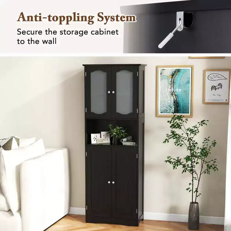 Armoire de salle de bain Costway de 164 cm de haut avec portes en verre trempé, étagères réglables, blanc/noir