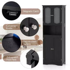 Armoire de salle de bain Costway de 164 cm de haut avec portes en verre trempé, étagères réglables, blanc/noir