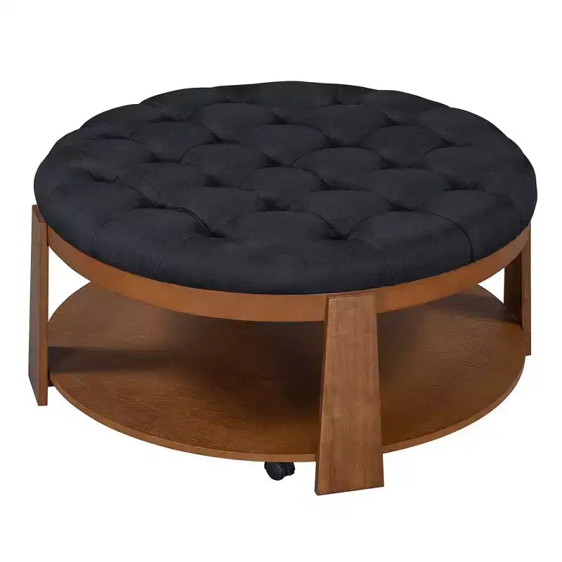 Table basse capitonnée 36W, table de cocktail, table d'appoint, pouf repose-pieds à 2 niveaux avec étagère de rangement et roulettes, capitonnée et étanche - ModernLu
