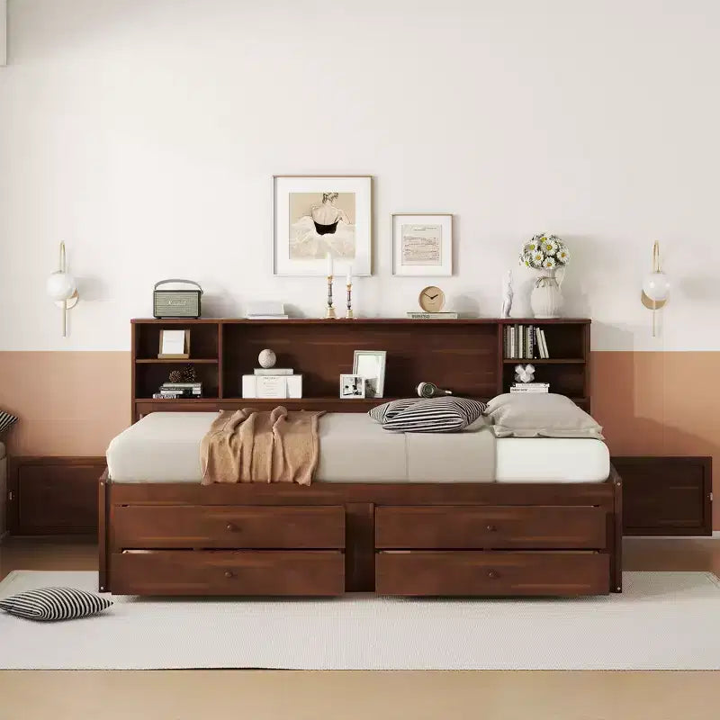 Lit capitaine/lit de repos pleine grandeur en bois avec étagères de rangement intégrées, 4 tiroirs et 2 armoires, marron antique - ModernLuxe