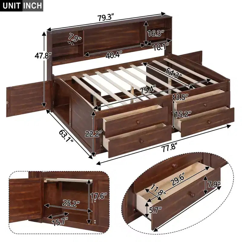 Lit capitaine/lit de repos pleine grandeur en bois avec étagères de rangement intégrées, 4 tiroirs et 2 armoires, marron antique - ModernLuxe