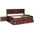 Lit capitaine/lit de repos pleine grandeur en bois avec étagères de rangement intégrées, 4 tiroirs et 2 armoires, marron antique - ModernLuxe
