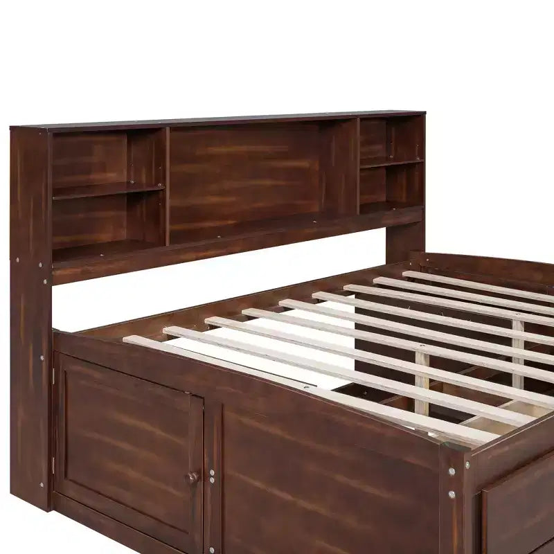 Lit capitaine/lit de repos pleine grandeur en bois avec étagères de rangement intégrées, 4 tiroirs et 2 armoires, marron antique - ModernLuxe
