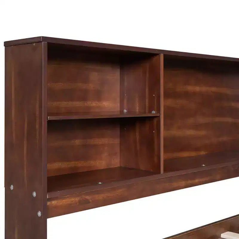 Lit capitaine/lit de repos pleine grandeur en bois avec étagères de rangement intégrées, 4 tiroirs et 2 armoires, marron antique - ModernLuxe