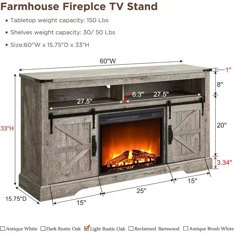 Meuble TV cheminée OKD 60 pour téléviseurs de 65 pouces et plus, meuble TV haut de 33 po avec porte coulissante de style grange