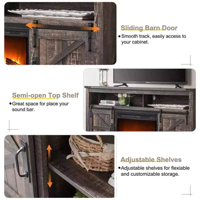 Meuble TV cheminée OKD 60 pour téléviseurs de 65 pouces et plus, meuble TV haut de 33 po avec porte coulissante de style grange