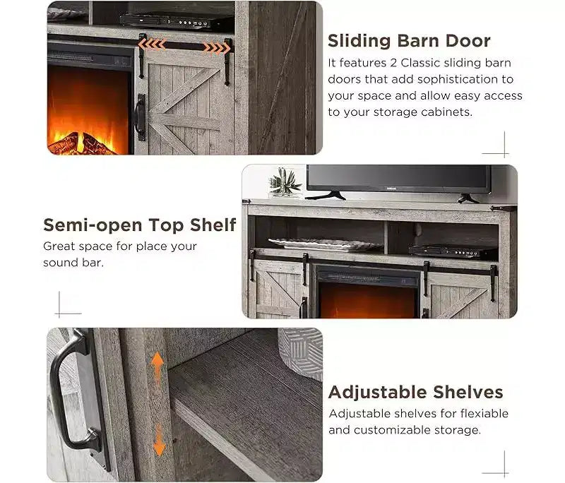 Meuble TV cheminée OKD 60 pour téléviseurs de 65 pouces et plus, meuble TV haut de 33 po avec porte coulissante de style grange
