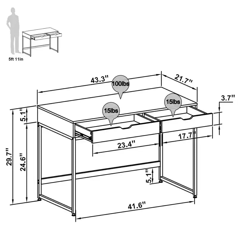 Bestier Bureau informatique 43 pouces avec 2 tiroirs, petite table d'écriture avec cadre en métal pour bureau à domicile