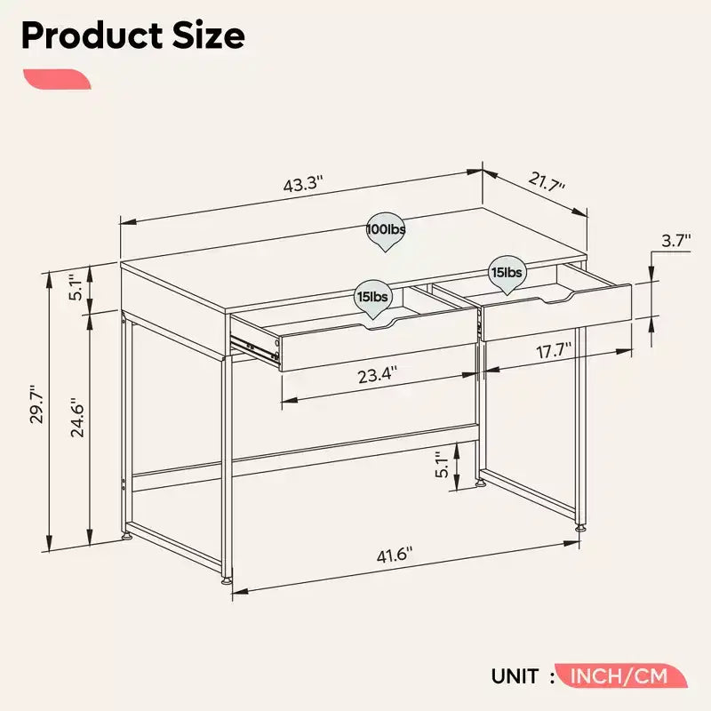 Bestier Bureau informatique 43 pouces avec 2 tiroirs, petite table d'écriture avec cadre en métal pour bureau à domicile