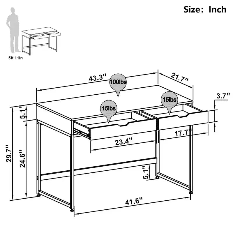 Bestier Bureau informatique 43 pouces avec 2 tiroirs, petite table d'écriture avec cadre en métal pour bureau à domicile