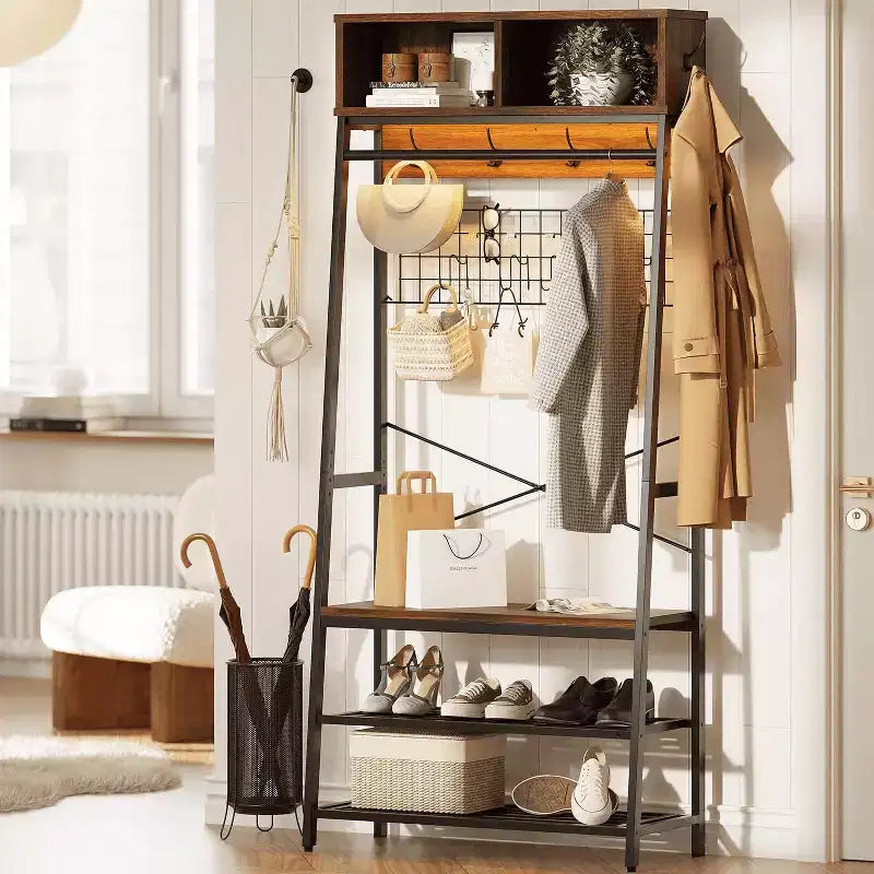 Bestier Portemanteau avec banc de rangement à chaussures, arbre de vestibule 70 avec étagères, support de suspension de vêtements pour vestes et chats, organisateur d'entrée 5 en 1 avec crochets