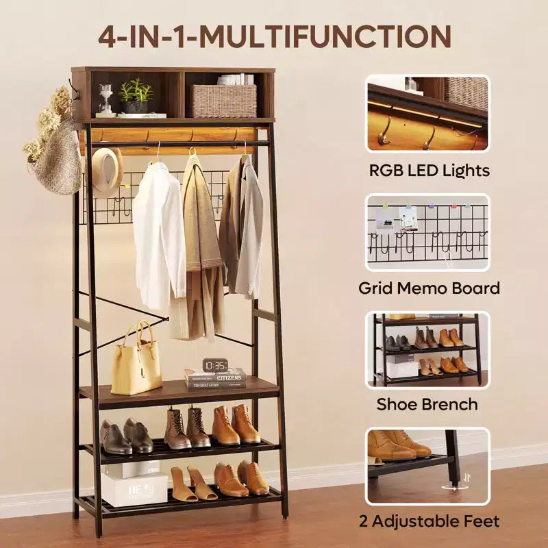 Bestier Portemanteau avec banc de rangement à chaussures, arbre de vestibule 70 avec étagères, support de suspension de vêtements pour vestes et chats, organisateur d'entrée 5 en 1 avec crochets