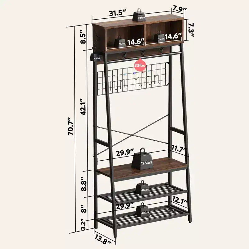 Bestier Portemanteau avec banc de rangement à chaussures, arbre de vestibule 70 avec étagères, support de suspension de vêtements pour vestes et chats, organisateur d'entrée 5 en 1 avec crochets