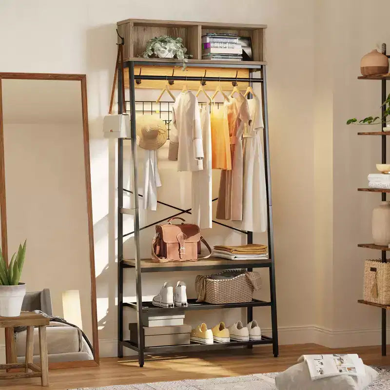 Bestier Portemanteau avec banc de rangement à chaussures, arbre de vestibule 70 avec étagères, support de suspension de vêtements pour vestes et chats, organisateur d'entrée 5 en 1 avec crochets