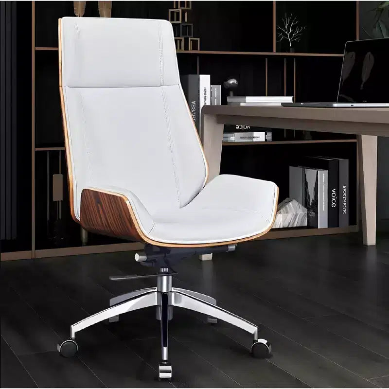 Tree City - Fauteuil de bureau de direction à dossier haut avec dossier en bois courbé de noyer et siège en similicuir, base pivotante et à roulettes