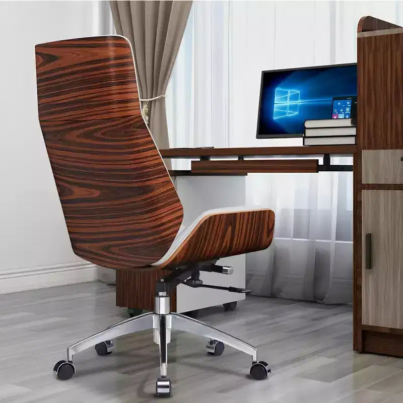 Tree City - Fauteuil de bureau de direction à dossier haut avec dossier en bois courbé de noyer et siège en similicuir, base pivotante et à roulettes
