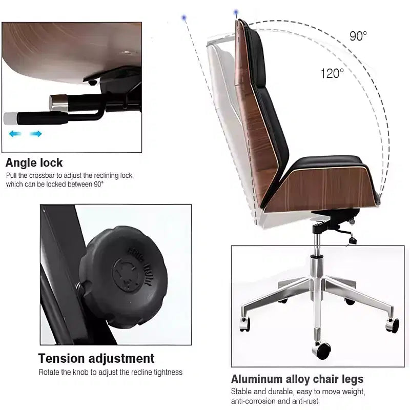 Tree City - Fauteuil de bureau de direction à dossier haut avec dossier en bois courbé de noyer et siège en similicuir, base pivotante et à roulettes