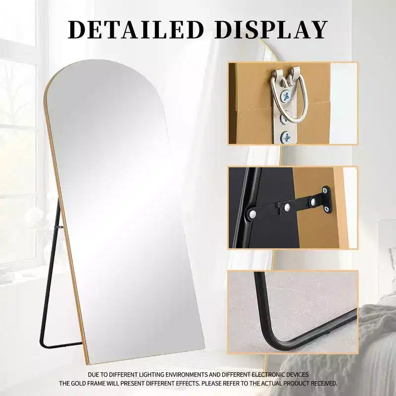 PexFix 31 po (L) x 71 po (H) Miroir arqué pleine longueur autoportant Miroir mural encadré en métal Grand miroir de sol doré
