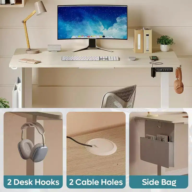 Bureau d'ordinateur électrique réglable en hauteur Bestier 55 avec port USB, bureau de télétravail simple avec crochets et sac latéral, poste de travail assis-debout
