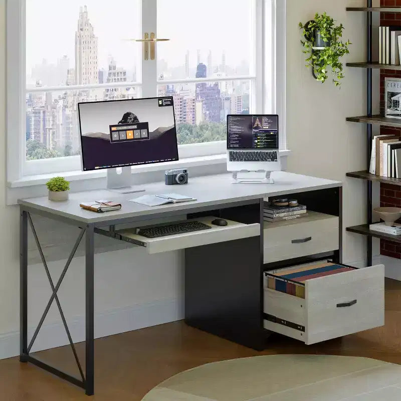 Bureau d'ordinateur Bestier 55'' avec tiroir pour clavier et tiroirs classeurs, bureau industriel avec rangement, bureau en bois pour professeur pour bureau à domicile
