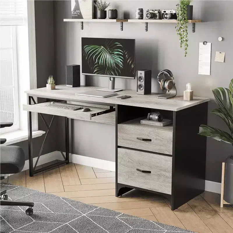Bureau d'ordinateur Bestier 55'' avec tiroir pour clavier et tiroirs classeurs, bureau industriel avec rangement, bureau en bois pour professeur pour bureau à domicile