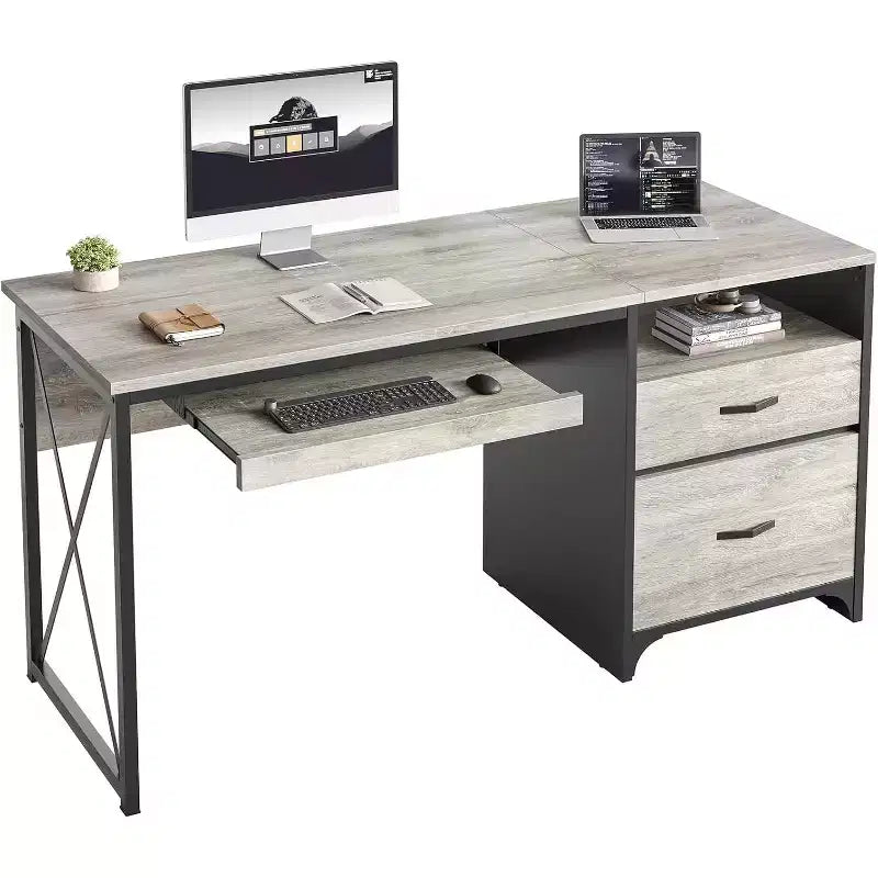 Bureau d'ordinateur Bestier 55'' avec tiroir pour clavier et tiroirs classeurs, bureau industriel avec rangement, bureau en bois pour professeur pour bureau à domicile