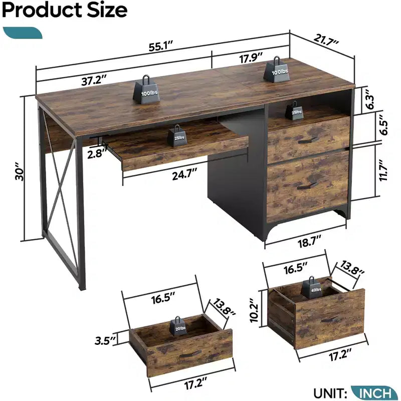 Bureau d'ordinateur Bestier 55'' avec tiroir pour clavier et tiroirs classeurs, bureau industriel avec rangement, bureau en bois pour professeur pour bureau à domicile