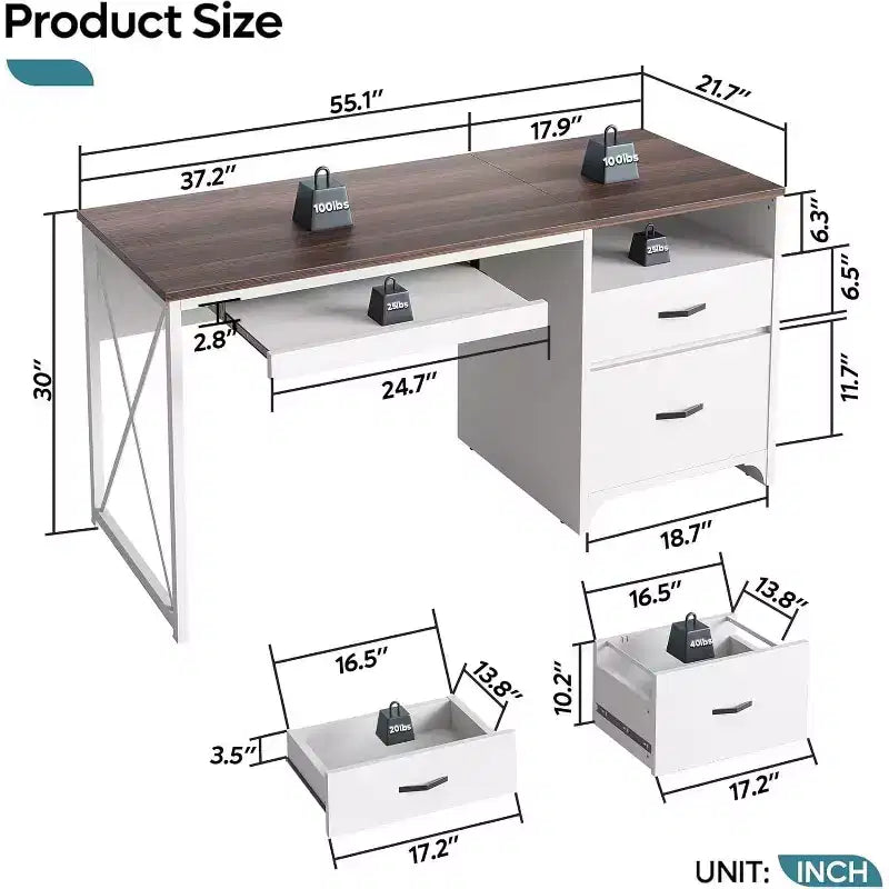 Bureau d'ordinateur Bestier 55'' avec tiroir pour clavier et tiroirs classeurs, bureau industriel avec rangement, bureau en bois pour professeur pour bureau à domicile