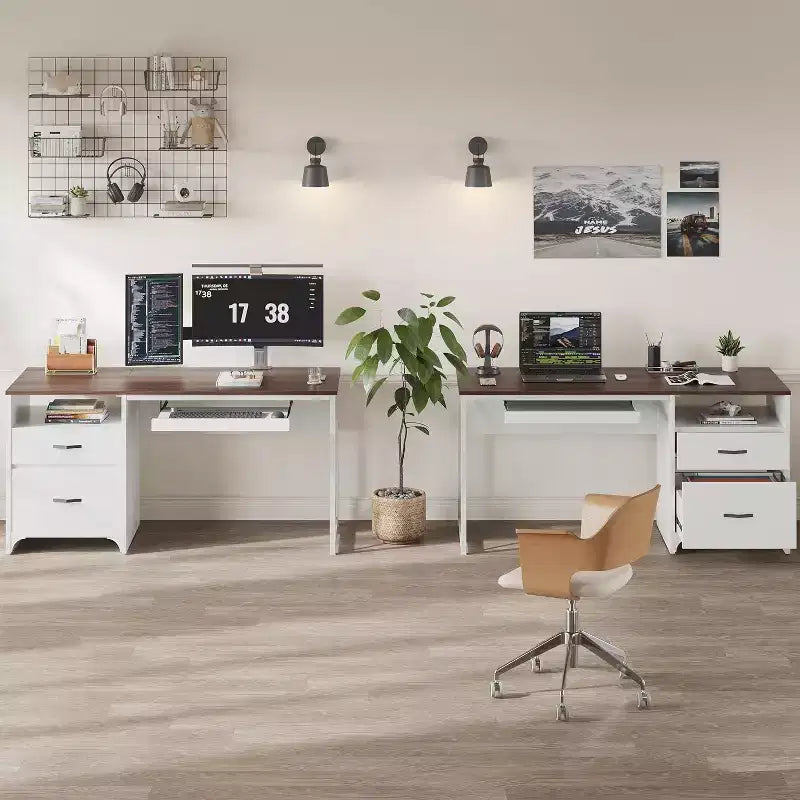Bureau d'ordinateur Bestier 55'' avec tiroir pour clavier et tiroirs classeurs, bureau industriel avec rangement, bureau en bois pour professeur pour bureau à domicile