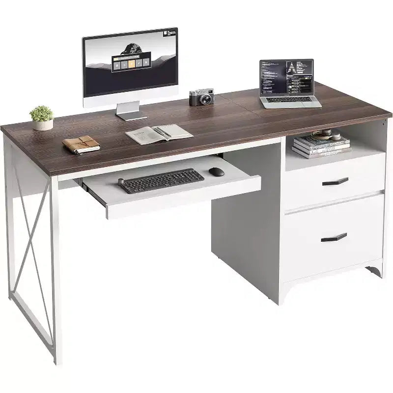 Bureau d'ordinateur Bestier 55'' avec tiroir pour clavier et tiroirs classeurs, bureau industriel avec rangement, bureau en bois pour professeur pour bureau à domicile