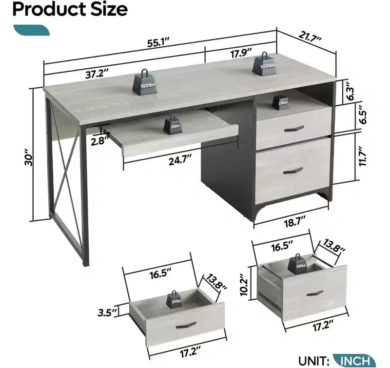 Bureau d'ordinateur Bestier 55'' avec tiroir pour clavier et tiroirs classeurs, bureau industriel avec rangement, bureau en bois pour professeur pour bureau à domicile