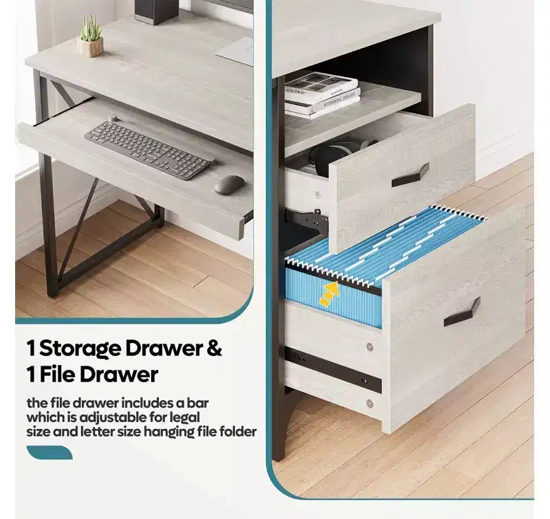 Bureau d'ordinateur Bestier 55'' avec tiroir pour clavier et tiroirs classeurs, bureau industriel avec rangement, bureau en bois pour professeur pour bureau à domicile