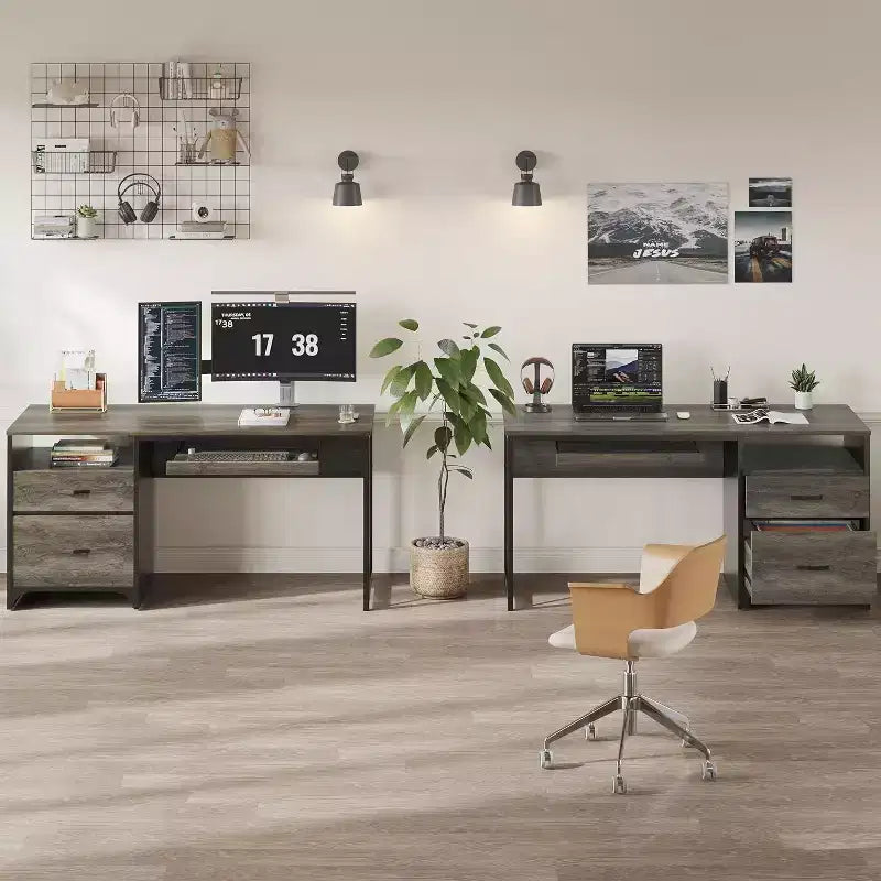 Bureau d'ordinateur Bestier 55'' avec tiroir pour clavier et tiroirs classeurs, bureau industriel avec rangement, bureau en bois pour professeur pour bureau à domicile