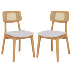 Costway Wooden Rattan Dining Chair Set of 2/4 with Can Back Rubber Wood Frame Padded Seat