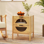 Costway Table de Chevet 1/2 PCS en Bambou avec 2 Tiroirs de Rangement et Façades en Verre Trempé Cannelé pour Chambre à Coucher