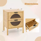 Costway Table de Chevet 1/2 PCS en Bambou avec 2 Tiroirs de Rangement et Façades en Verre Trempé Cannelé pour Chambre à Coucher